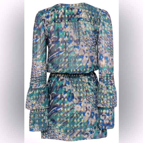 Parker Bohemian Metallic Floral & Sea Motif  Tiered Bell Sleeves Silk Mini Dress - Picture 8 of 8